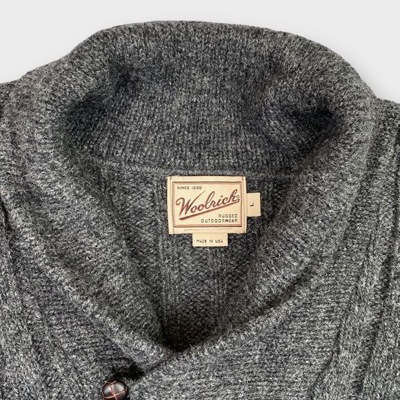 Woolrich Sweater Mens Large Wool Gray Made in USA Shawl Ribbed Nordic Fisherman - Picture 6 of 9